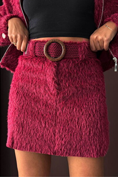 VELZANA Burgundy Faux Fur Look Belted Short Skirt