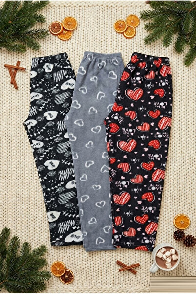 PİERLES 3-Piece Women's Winter Fleece Pajama Bottoms Black Love Written Gray ...