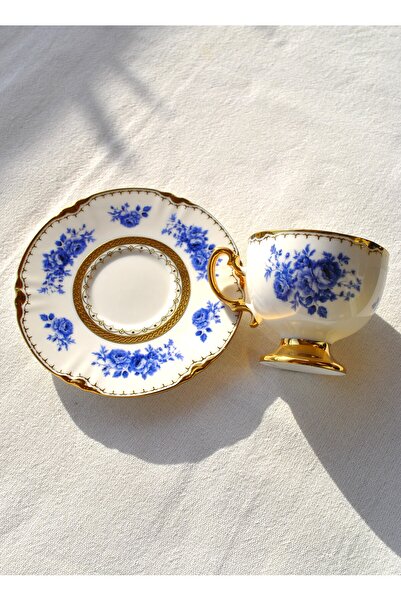 Qualitev Porcelain Gold Coffee Cup with Gold Flower 2 Person Set 4 Pieces Blu...