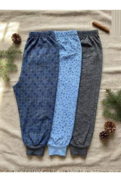 Pi Giyim 3-Piece Men's Winter Cuffed Pajama Bottoms Navy Blue Plaid Blue Gray...