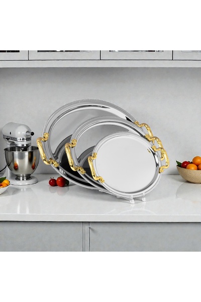AR HOME 3 PCS STEEL TRAY-ROUND-LILVER GOLD