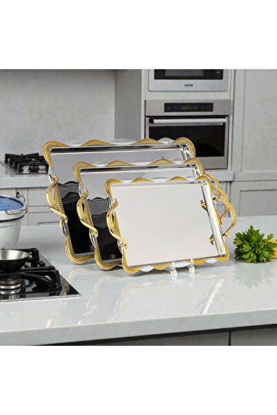 AR HOME 3 PCS STEEL TRAY SET-RECTANGULAR-GOLD SILVER