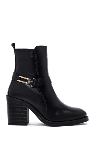 Derimod Women's Black Buckle Thick Heeled Leather Boots 25Wfd185818