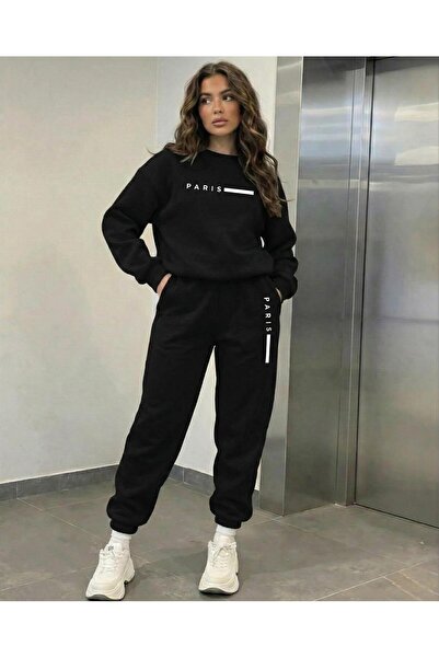 LELVANİ Printed with the Text'Paris' - Circular Neck Sweatshirt Tracksuit Set