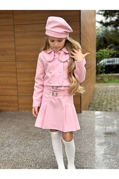 KOKOŞ BEBEK Kız Çocuk Kısa Pileli Etek Ceket ve Şapka Takımı - 7/12 Yaş - 31603