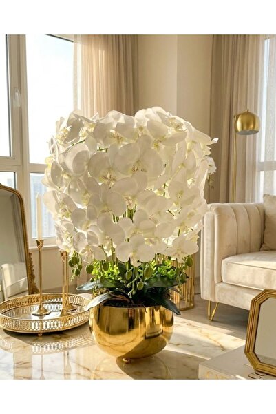 MY LOVE ÇİÇEKÇİLİK Metal Lüx Vazoda 10'Dal Islak Dokulu Latex Beyaz Orkide (P...
