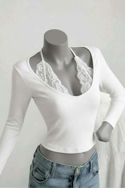 ARS Butik White Lace Strap Neck Tie Detail Long Sleeve Bodysuit