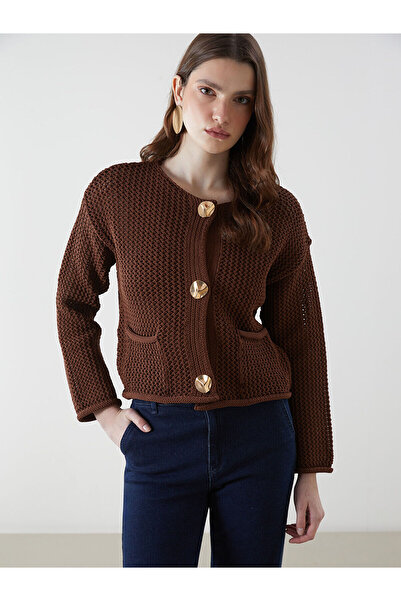 LC Waikiki Damen-Strickjacke mit Rundhalsausschnitt und durchbrochenem Muster