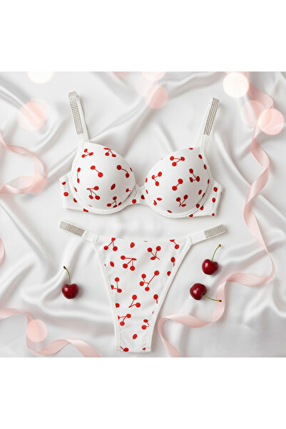 FEMME Işıltılı Retro Şıklık: Kiraz Desenli Taşlı Askılı Push-Up Sütyen ve Kül...