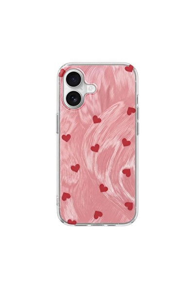 Pro Aksesuar iPhone 16 Plus Compatible Case Heart Pattern Silicone Case Red
