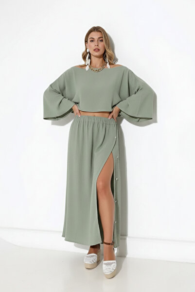 İntive Lingerie 100% Cotton Muslin Bohemian Suit – Boat Neck Crop Top & Butto...