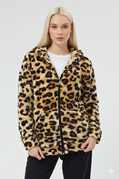 GIYOLA KADIN KAPÜŞONLU FERMUARLI WELSOFT YUMUŞAK KUMAŞ LEOPAR DESENLİ POLAR