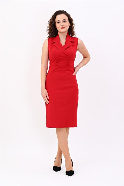 ÖNDER ÖZSOY Women's Pencil Dress with Zero Sleeve Ornament Buttons-Red