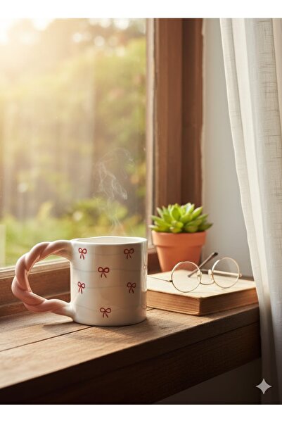 PALTO TASARIM Tiny Ribbon Design Knitted Handle Mug - Gift Ceramic Mug