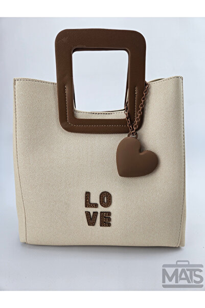 DSN Kanvas Bej Kumaş Kare Kulp Kalp Aksesuarlı El Ve Omuz Çantası