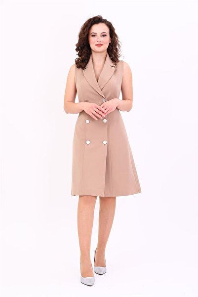 ÖNDER ÖZSOY فستان نسائي بياقة جاكيت وأكمام صفرية بأزرار على الجهتين - حجري