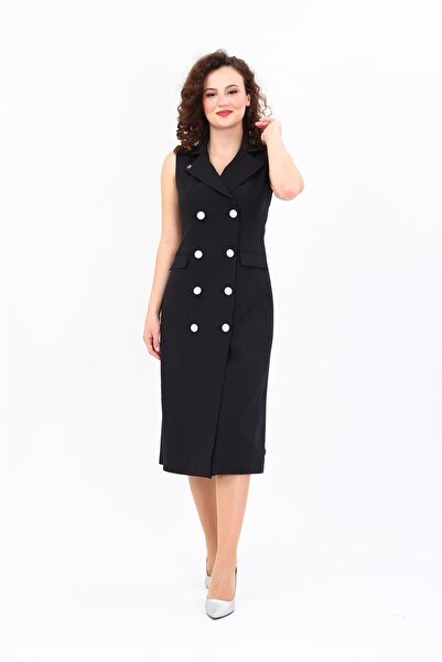 ÖNDER ÖZSOY Jacket Collar Double-Breasted Long Women's Dress-Black