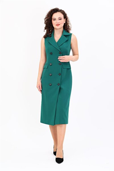 ÖNDER ÖZSOY Coat Collar Double-Breasted Long Women's Dress-Smaragd