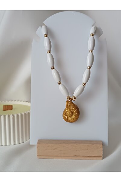 La fee aksesuar Gold Sea Shell Oyster Women Necklace White Wood Beads