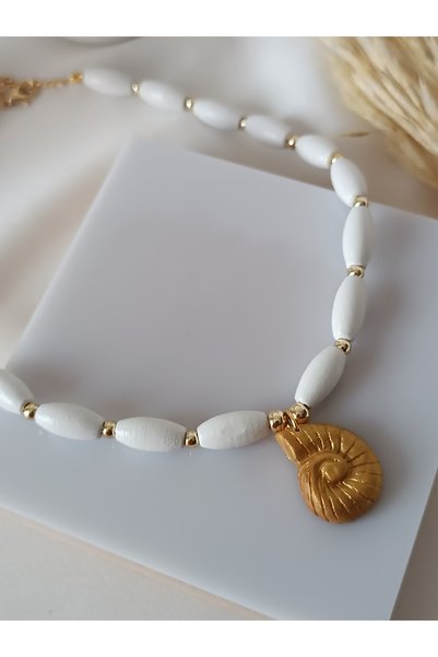 La fee aksesuar Gold Sea Shell Oyster Women Necklace White Wood Beads
