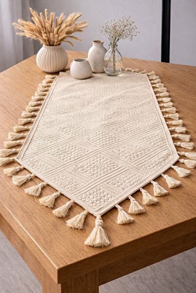 ŞAH TEXTILE DESIGN Püsküllü baklava desen buldan bezi bohem runner 40x110