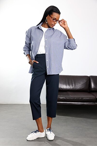 5in1Canpolat Navy Blue Carrot Cut Fabric Trousers 9957