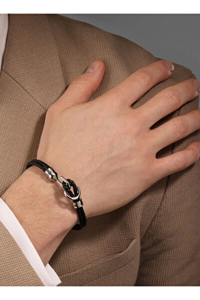 Cerruti 1881 سوار داريو أسود مزدوج من الجلد مع نقش من الفولاذ المقاوم للصدأ ل...