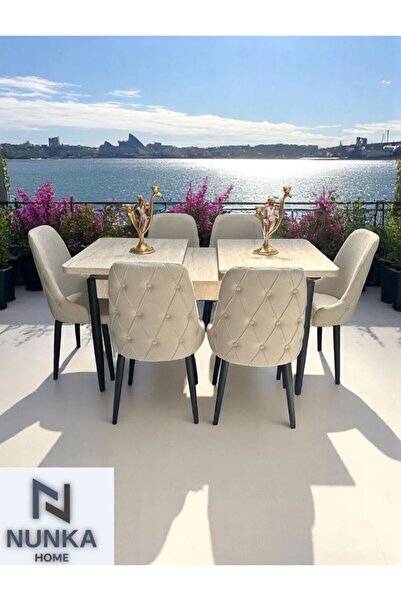 NUNKA HOME Şato Serisi Mutfak ve Salon Yemek Masası Takımı Krem+6 Sandalyeli ...