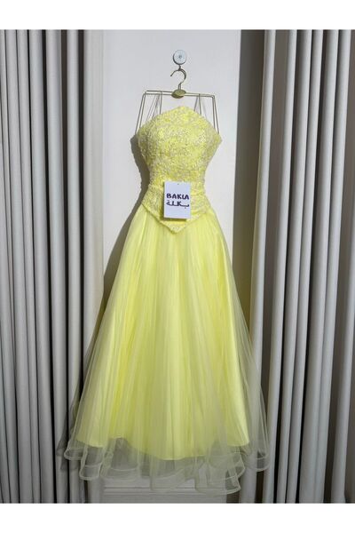 BAKLA FASHION Bright yellow princess-style evening gown with hand embroidery