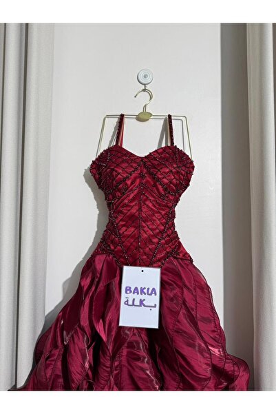 BAKLA FASHION Beaded corset evening dress with ruffled skirt - burgundy color