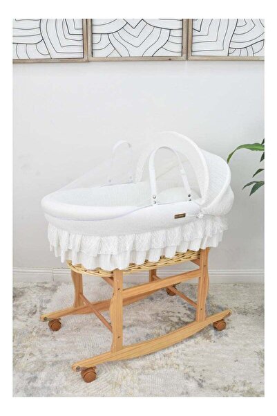 Fun Moment Moses Basket White Color with Wooden Stand on Wheels