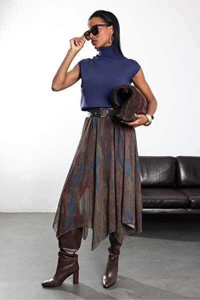5in1Canpolat Brown Patterned Asymmetrical Cut Chiffon Skirt 22756