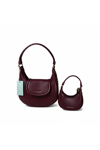 Chrisbella Burgundy Wine Luxury Hobo Bag Set with Mini Bag & Gold Chain Strap...