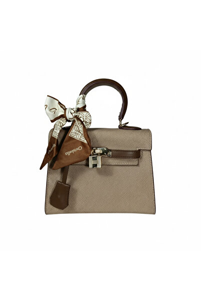 Chrisbella Mini Khaki Luxury Structured Handbag with Decorative Scarf & Lock ...