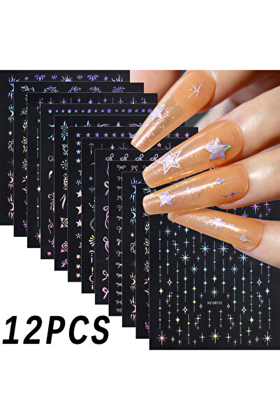 Choice NLS381-S1-26 12Pcs 3D Laser Silver Star Ribbon Nail Stickers Y2K Stars...