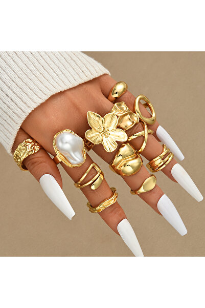Choice AYA6604801 طقم خواتم نسائية مكون من 12 قطعة بتصميم زهور ذهبية غير منتظ...