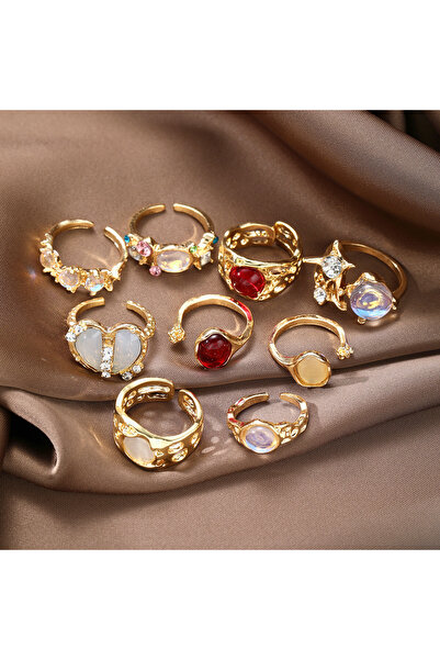 Choice KVGold 9pcs Y2K Crystal Heart Open Rings Set for Women Girls Vintage P...