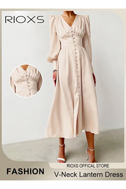 RIOXS Women's V-neck Long Lantern Sleeve Satin Maxi Dress, Elegant High Waist...