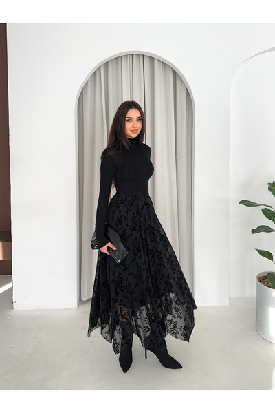 Zula Moda Fusta din tul asimetrică Hijab cu imprimeu |   Fusta modestă asimet...