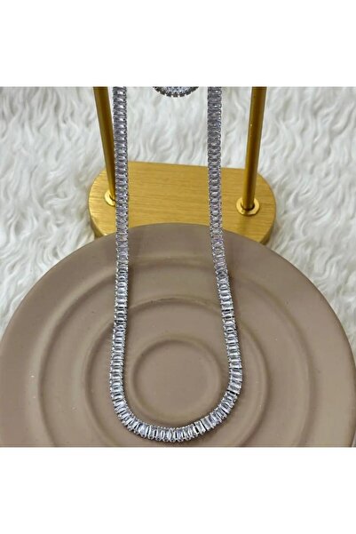 Store Non-Tarnish Steel Baguette Stone Necklace - Silver Color Luxury Waterwa...