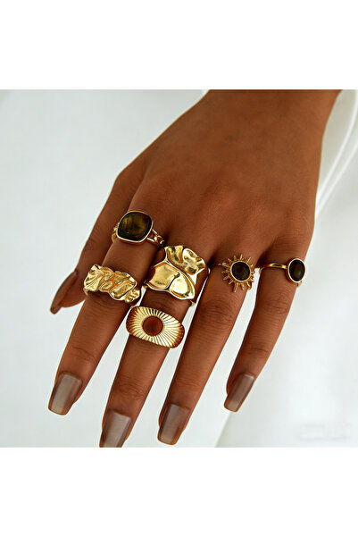 Choice طقم خواتم من 6 قطع بتصميم عتيق مرصع بحجر عين النمر، لون ذهبي أنيق، بتص...