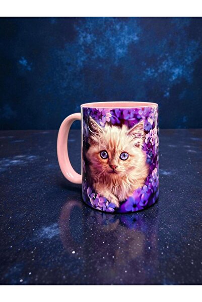 Marblestone Kedi Severlere Özel Mor Çiçekli Porselen Kupa Bardak