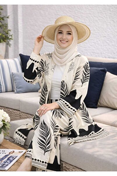 forte bella Patterned Top and Bottom Hijab Kimono Set