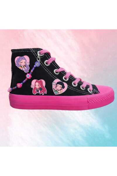 amazoondesing Heart Heart Heart Printed Black and Pink Girls' Sports Shoes an...