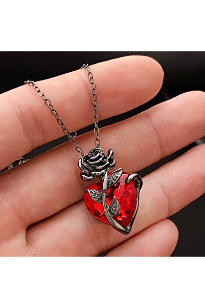 Choice قلادة على الطراز القوطي الأحمر الداكن، مزينة بوردة سوداء ملفوفة بحجر أ...