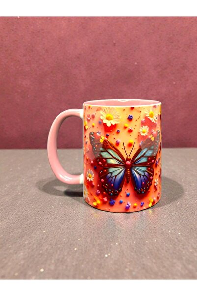 Marblestone Kelebek ve Papatya Desenli Pembe Kulplu Porselen Kupa Bardak