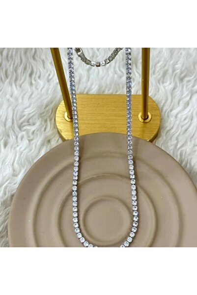 Store قلادة من الفولاذ المقاوم للصدأ - سلسلة تنس فاخرة بلون فضي مع أحجار الزركون