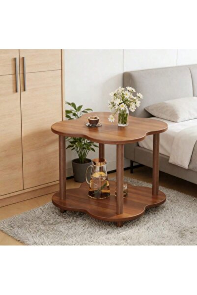 Mtanvxay Brown Wooden Four Leaf Clover Sofa Side Table Double Layer Open Stor...