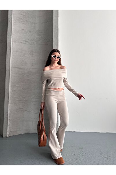 eyyebelle Women's Madonna Collar Blouse Flared Leggings Double Set