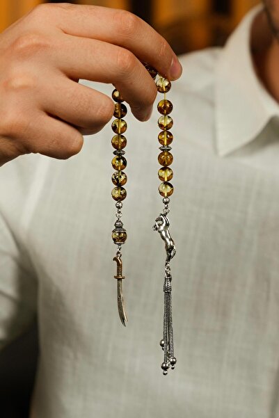 dergah tesbih Silver Horse Figure and Zulfiqar Design Original Fossilized Dro...